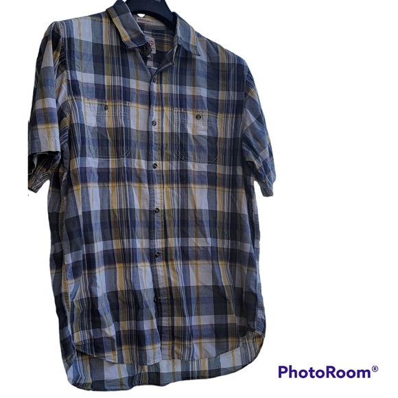 Old Navy Plaid Button Up Mens Shirt Large Yellow Blue lightweight Vintage - Picture 3 of 6